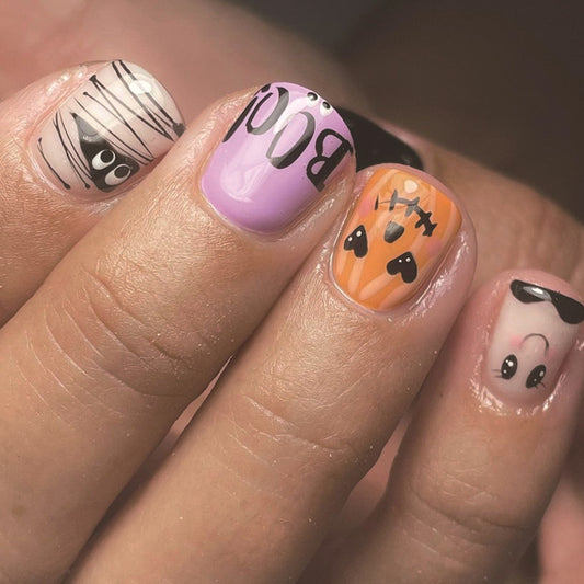 Spooktacular Short Square Colorful Halloween Press On Nail Set with Fun Character Designs