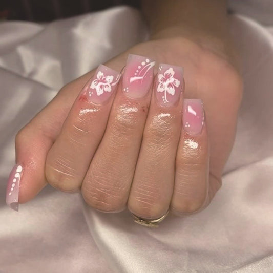 Tropical Blossom Medium Square Pink Floral Press On Nail Set