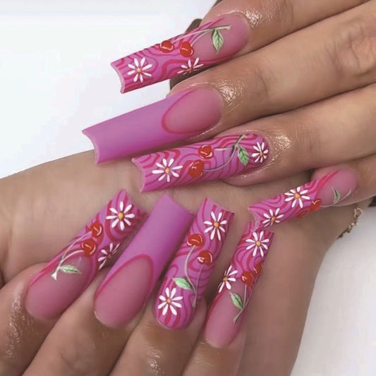 Cherry Blossom Dream Long Square Pink Press On Nail Set with Floral and Cherry Design