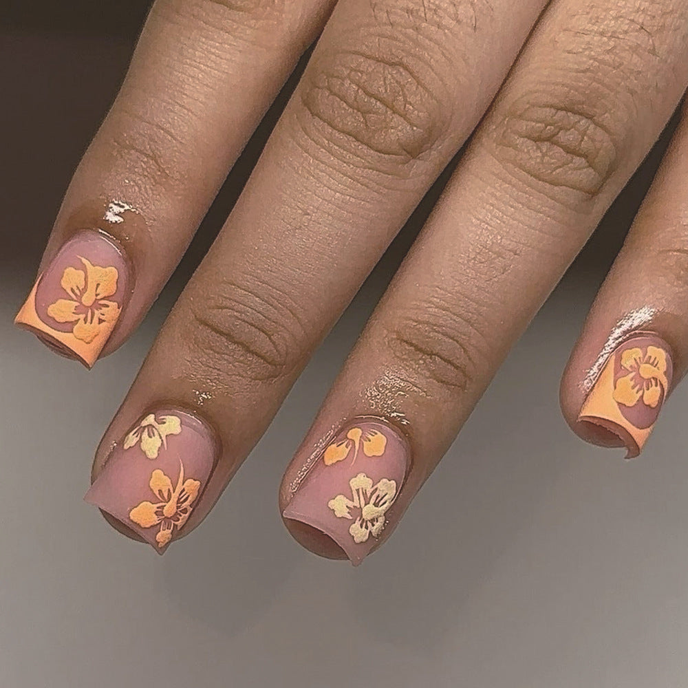 Tropical Paradise Square Press On Nail Set Medium Length Soft Pink and Orange with Floral Design