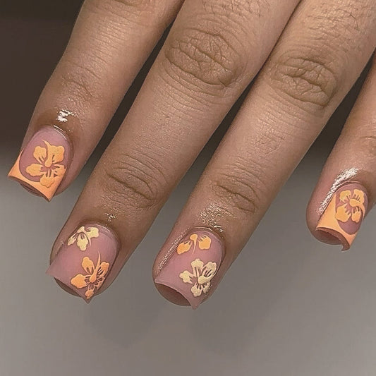 Tropical Paradise Square Press On Nail Set Medium Length Soft Pink and Orange with Floral Design