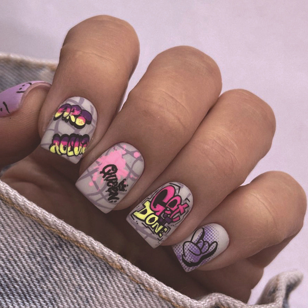 Graffiti Glam Medium Square Purple and Pink Press On Nail Set with Bold Graphic Designs