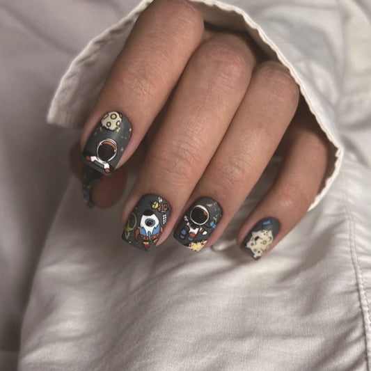 Cosmic Adventure Square Press On Nail Set Short Dark Gray Space Theme with Astrological Designs