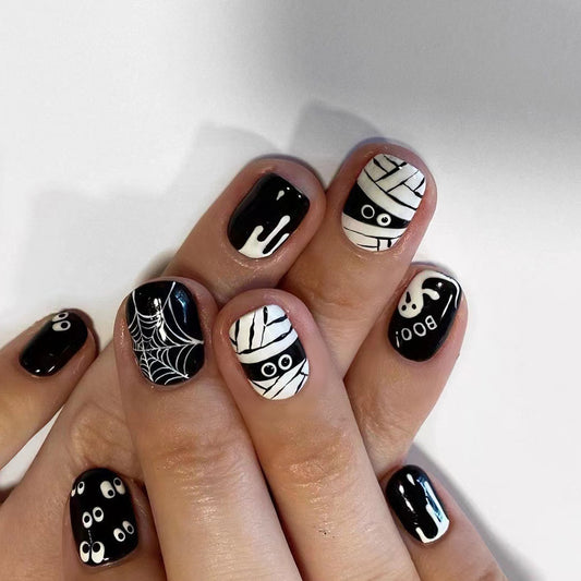 Spooky Halloween Short Square Black and White Press On Nail Set with Ghost and Mummy Designs