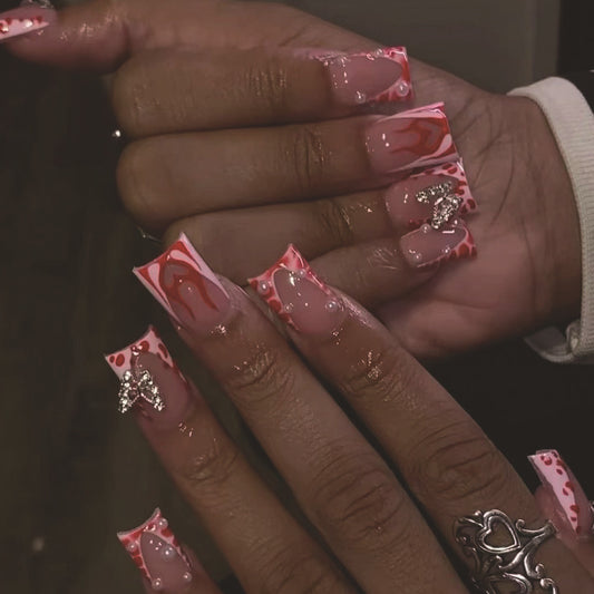 Glamorous Sunset Fantasy Long Square Pink Swirl Nail Set with Rhinestone Accents