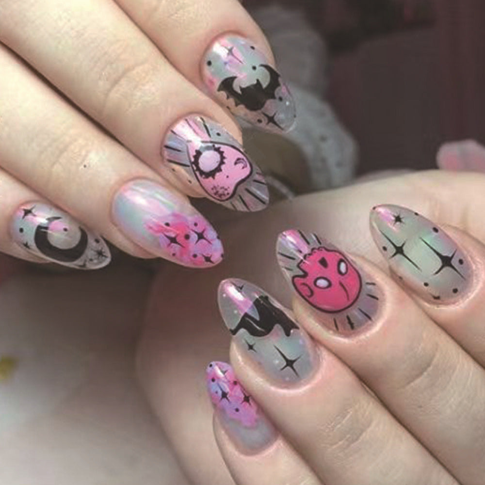 Mystical Glow Long Almond Pink and Purple Press On Nail Set with Whimsical Space Theme and Unique Designs