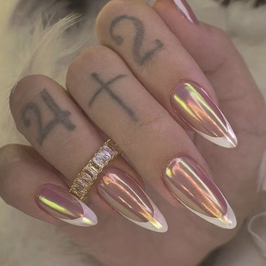 Magic Holographic Glimmer Long Almond Pink and White Press On Nail Set with Iridescent Finish