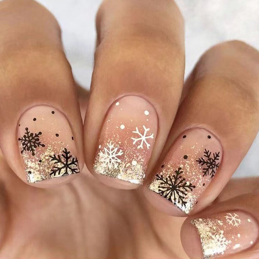 Winter Wonderland Short Square Beige Glitter Press On Nail Set with Snowflakes and Shimmering Finish