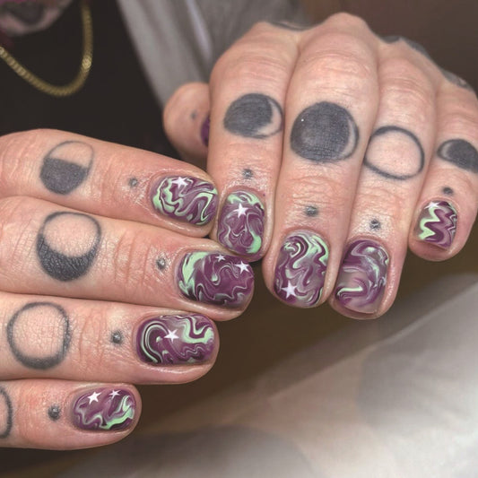 Cosmic Dream Short Square Burgundy and Green Swirl Press On Nail Set with Glitter Stars