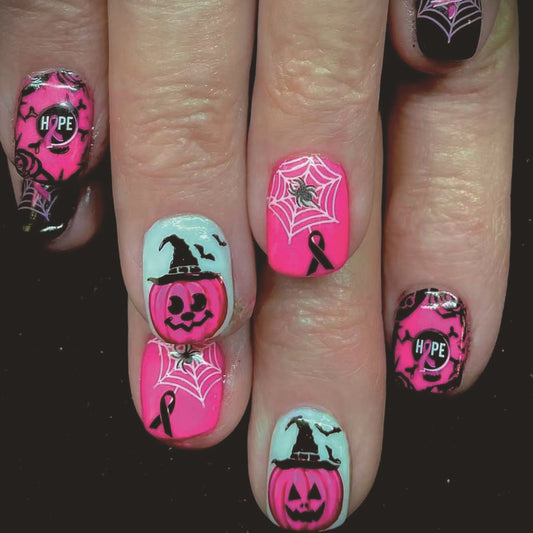 Spooky Halloween Short Square Press On Nail Set in Bright Pink with Jack O Lantern and Spider Designs