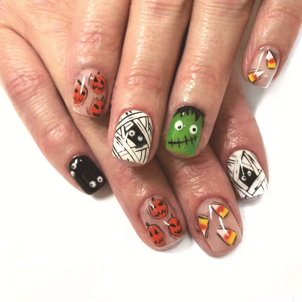 Spooky Halloween Press On Nail Set Short Square Multicolored with Fun Character Designs