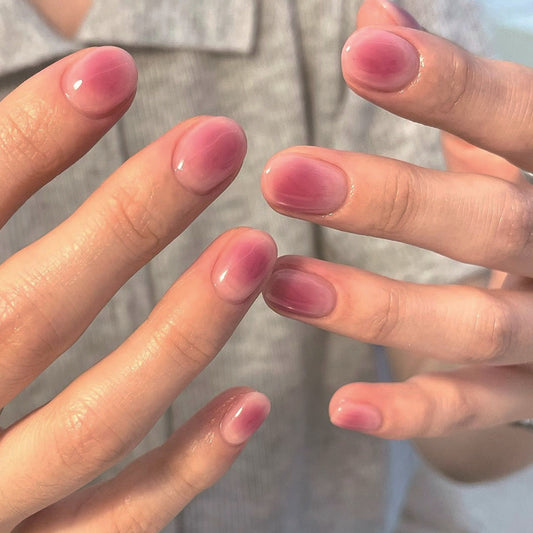 Delicate Floral Elegance Short Length Oval Shape Pink Ombre Press On Nail Set with Glossy Finish