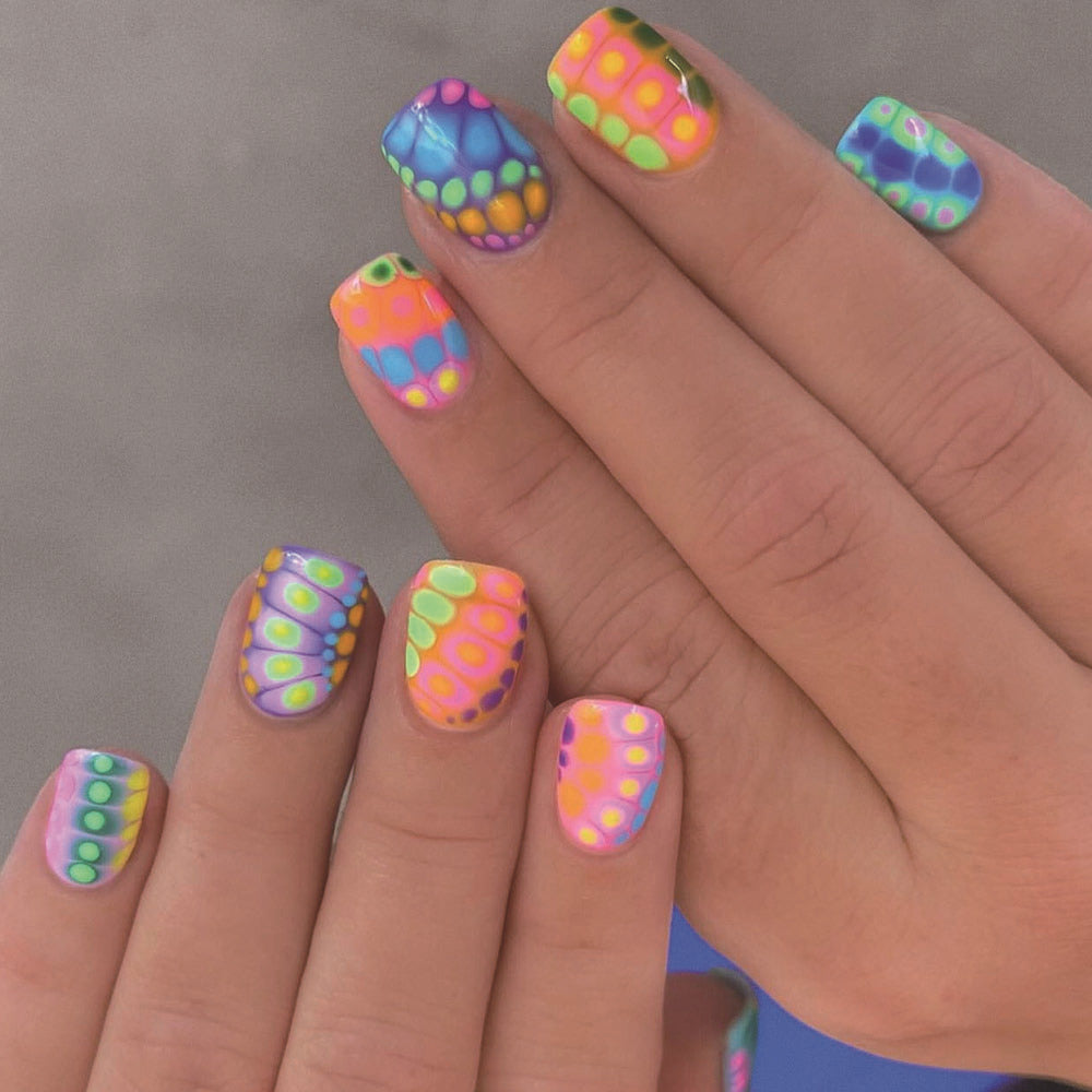 Kaleidoscope Magic Short Square Neon Press On Nail Set with Glossy Colorful Dots