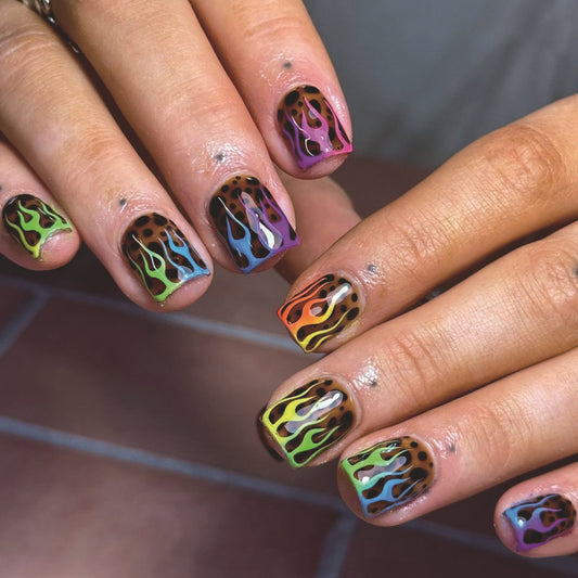 Fiery Motion Square Press On Nail Set Medium Length Colorful Flame Design Perfect for Bold Styles