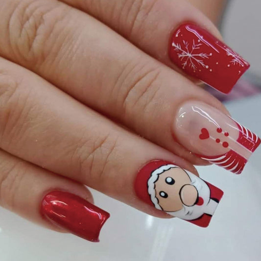 Festive Holiday Theme Long Square Red Press On Nail Set with Cute Santa Design and Snowflake Accents