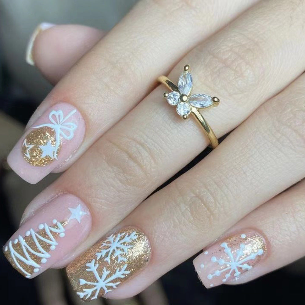 Charming Winter Wonderland Medium Square Blush Pink with Glittery Gold and Festive Snowflake Designs Press On Nail Set