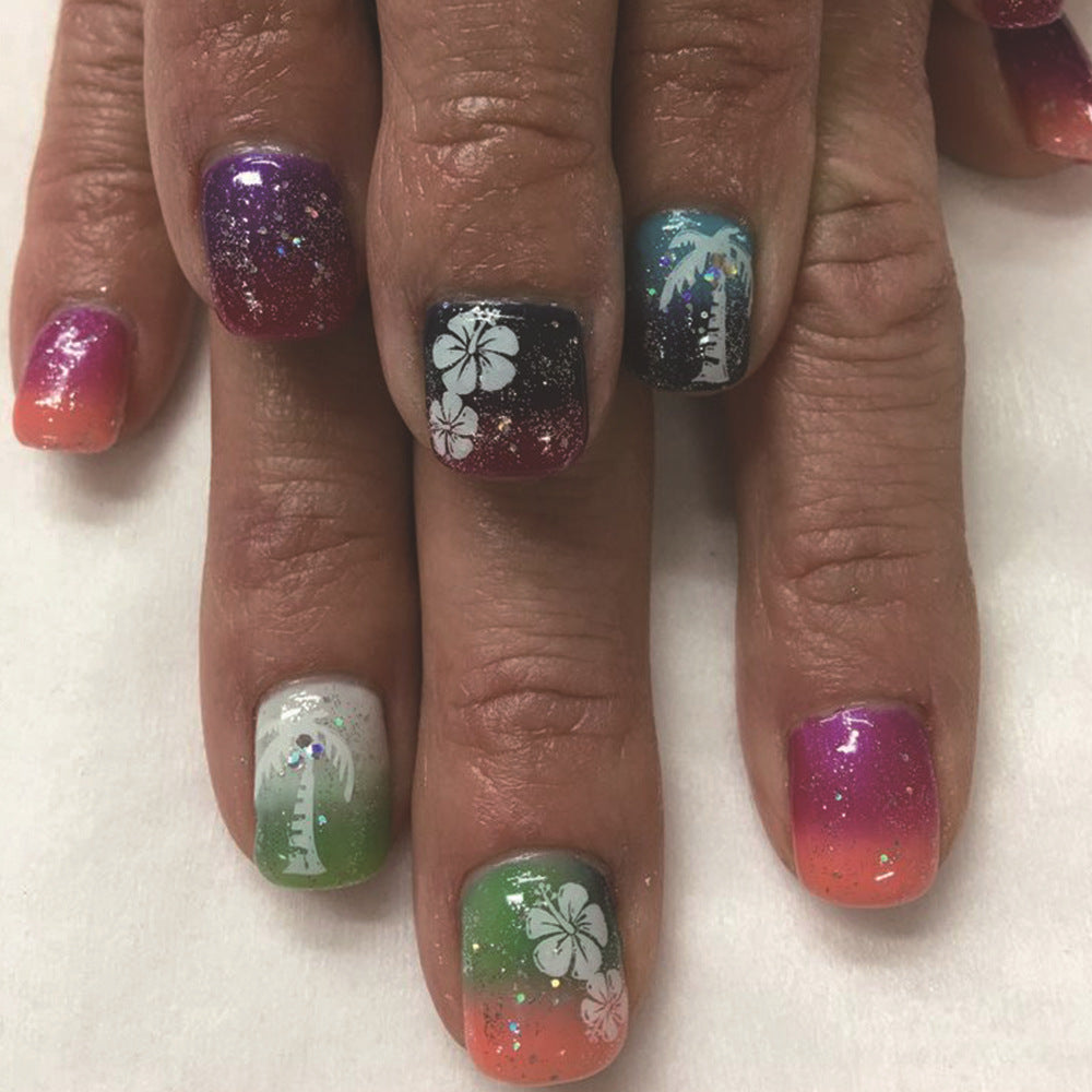 Tropical Vibes Short Square Gradient Glitter Press On Nail Set with Floral Designs
