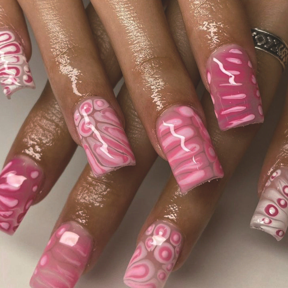 Whimsical Waves Long Square Pink Marble Press On Nail Set with Glossy Finish