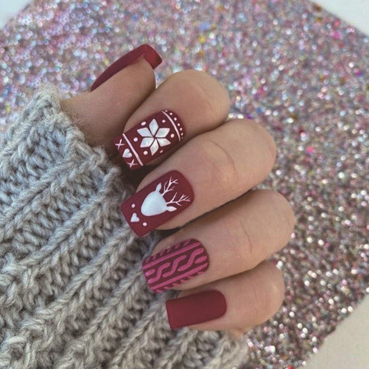 Cozy Winter Bliss Long Square Burgundy Press On Nail Set with Festive Patterns