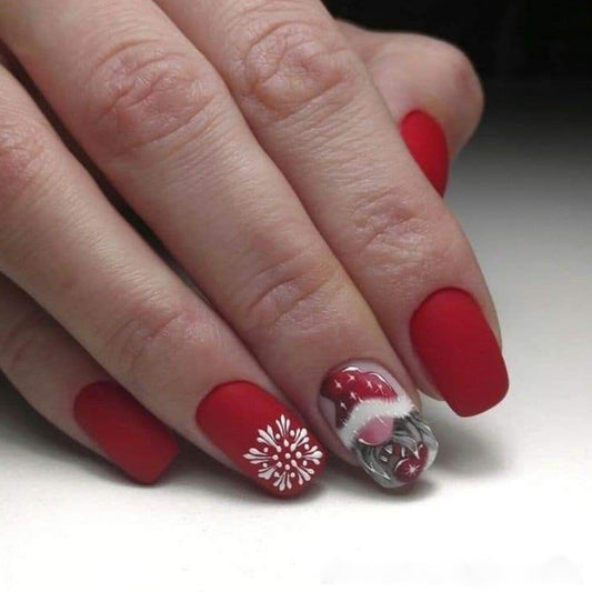 Festive Winter Wonderland Medium Squoval Bold Red with Unique Holiday Art Design Press On Nail Set