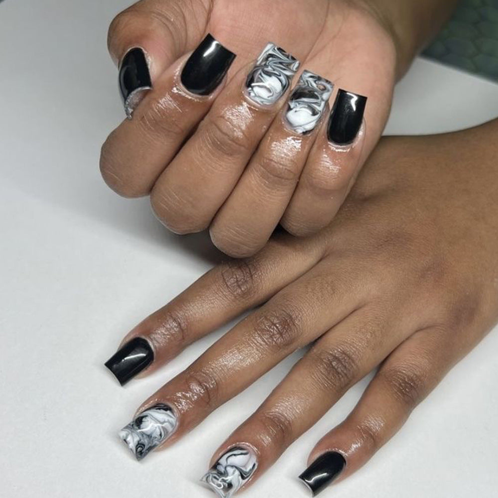 Celestial Noir Medium Square Black and White Marble Acrylic Press On Nail Set