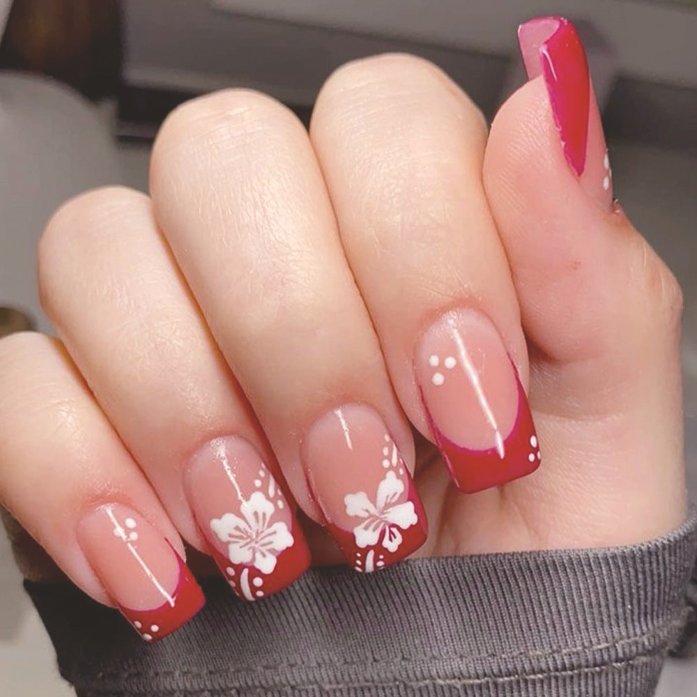 Tropical Paradise Medium Square Red with Floral Design Elegant Press On Nail Set