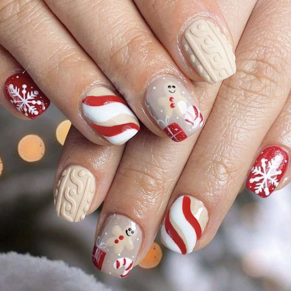 Festive Delight Medium Square Red and Beige with Holiday Themed Designs Nail Set