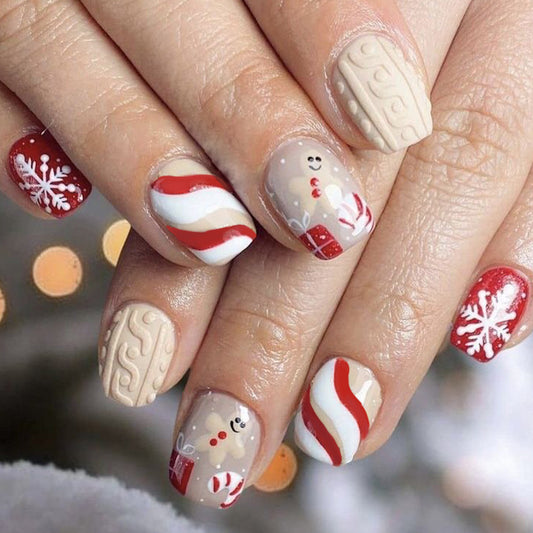 Festive Delight Medium Square Red and Beige with Holiday Themed Designs Nail Set