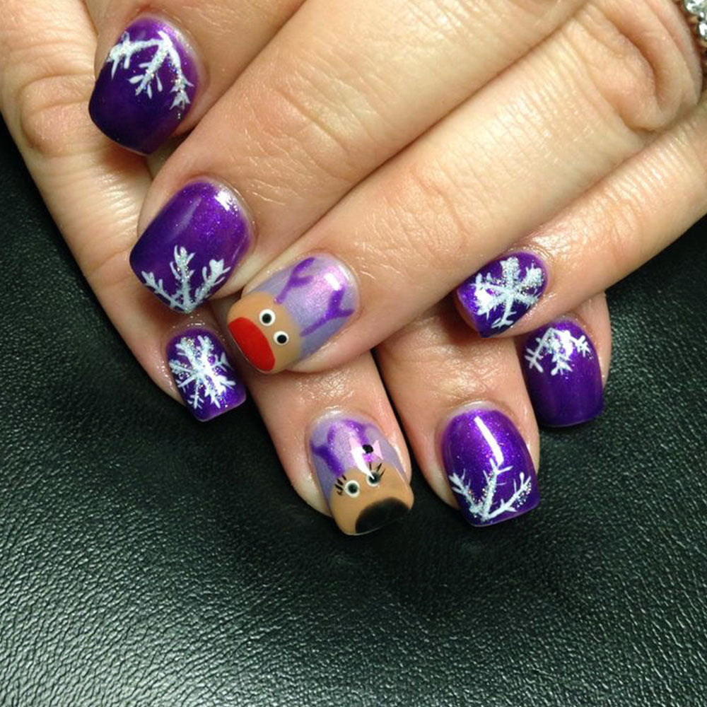 Winter Wonderland Medium Square Press On Nails in Deep Purple with Festive Reindeer and Snowflake Accents
