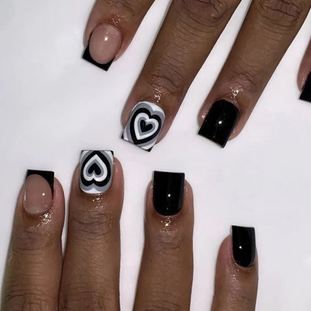 Heartfelt Elegance Lengthy Short Square Black and Beige Press on Nail Set with Unique Heart Design