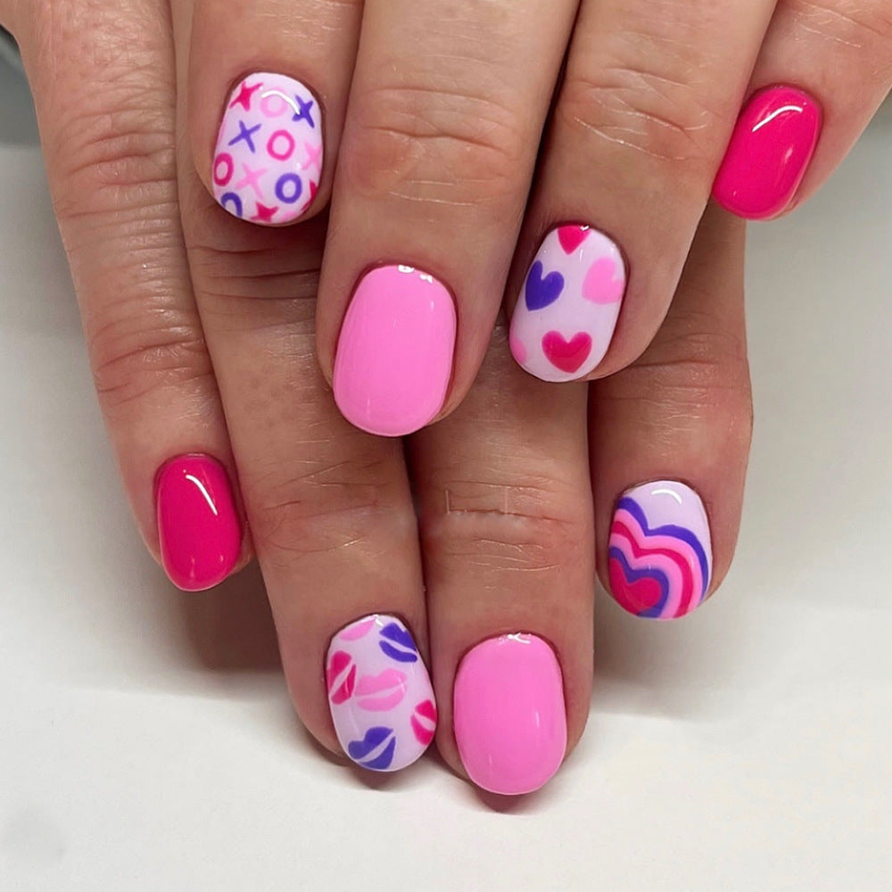 Sweetheart Dreamy Short Round Pink Press On Nail Set with Charming Love-themed Patterns
