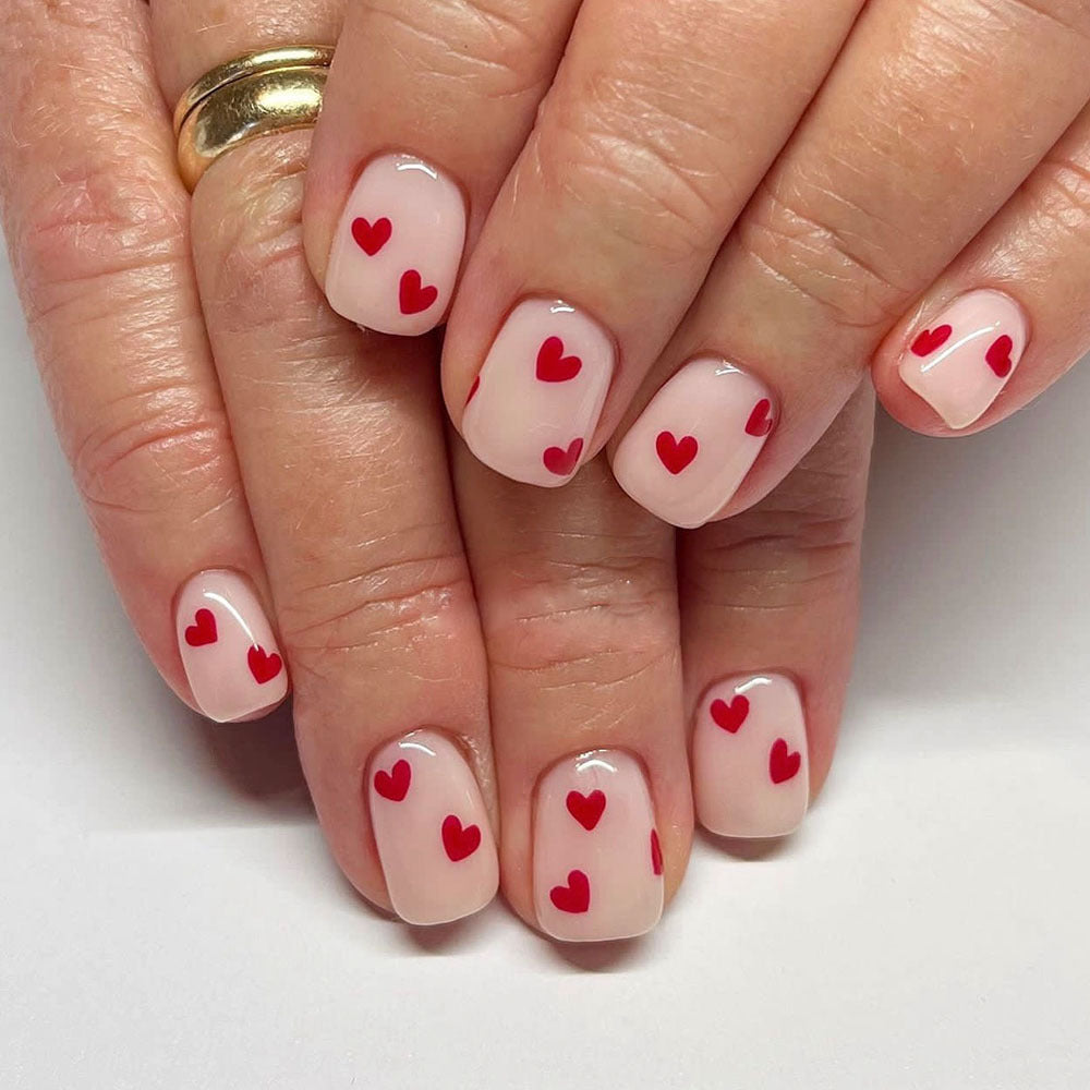 Love Story Charming Short Square Peach with Heart Design Press on Nail Set