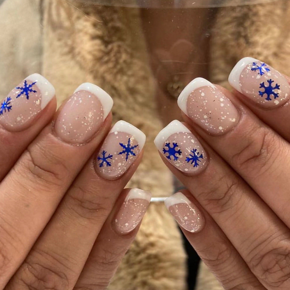 Winter Wonderland Elegant Short Square Shaped Frosted Beige Press-On Nail Set with Blue Snowflake Accents