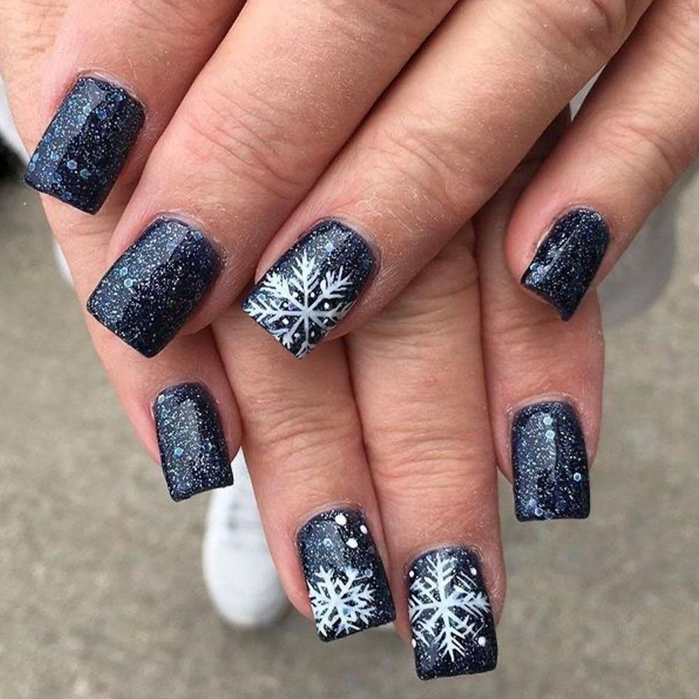 Winter Wonderland Medium Square Dark Blue Press On Nail Set with Sparkling Snowflake Accents