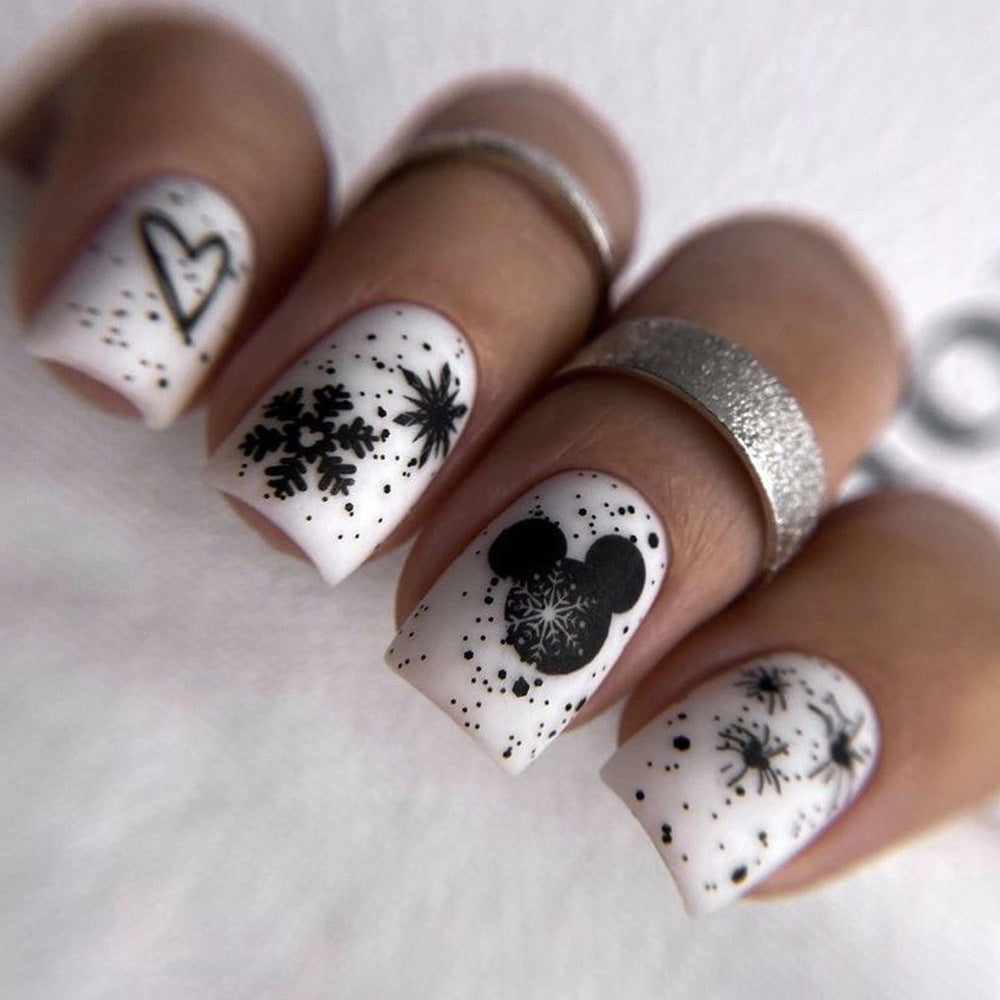 Mickey Mouse Magic Medium Square Shaped White Nail Set with Festive Black Designs