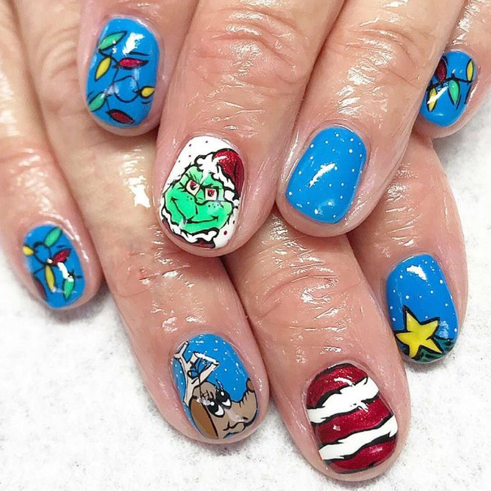 Whimsical Winter Wonderland Medium Round Vibrant Blue Festive Holiday Character Press On Nail Set