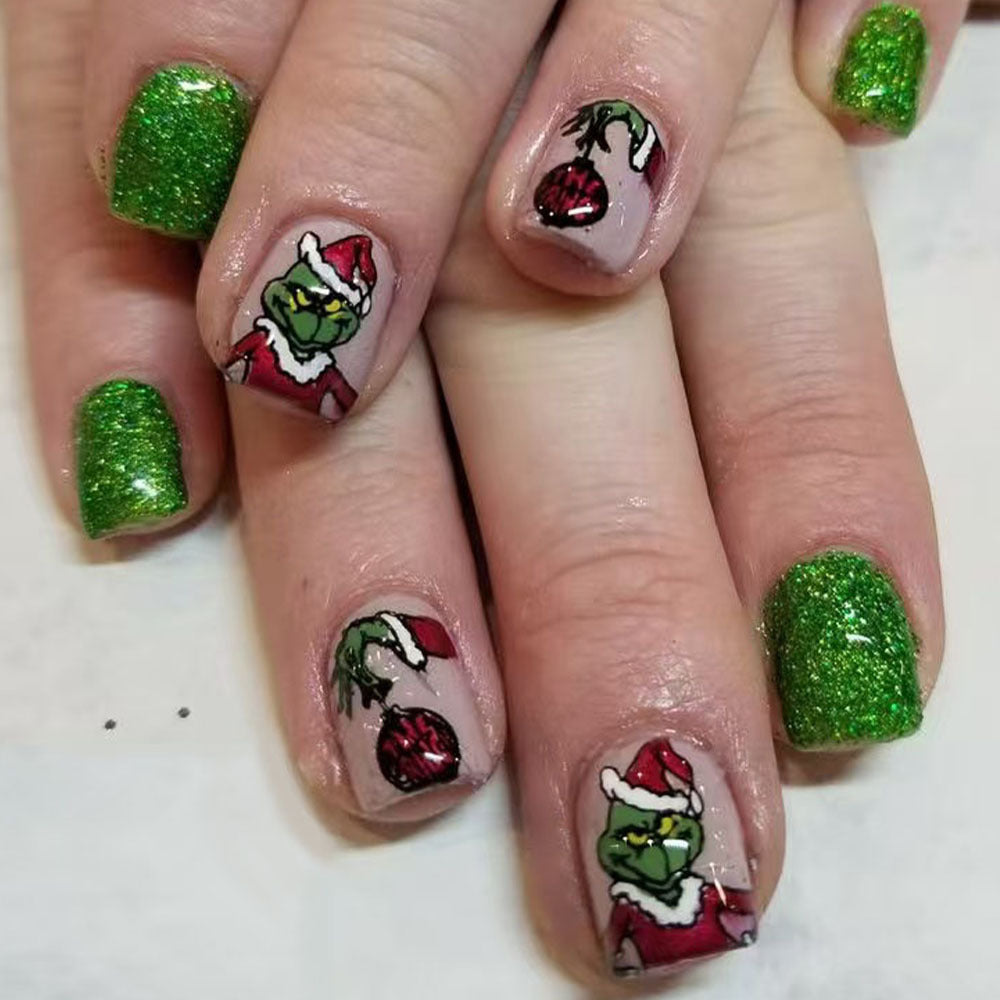 Grinch Inspired Short Square Green Sparkle Press On Nail Set with Festive Holiday Art
