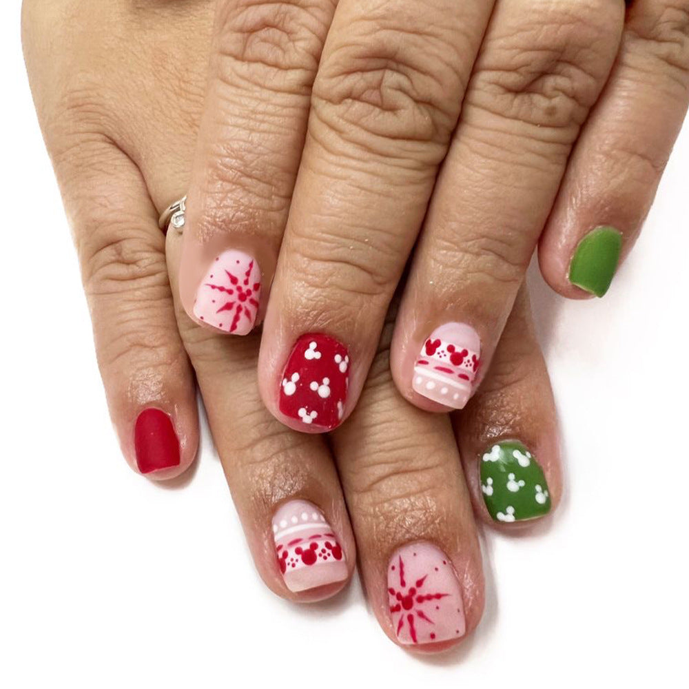Festive Cheer Short Square Red Green and Pink Press-On Nail Set with Unique Holiday Designs
