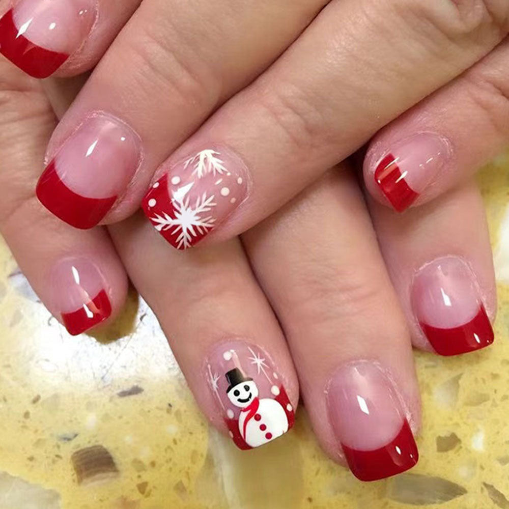 Festive Winter Wonderland Short Square Red Ombre Press-On Nail Set with Snowman and Snowflake Design