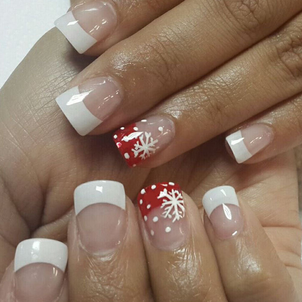 Winter Wonderland Elegant Short Square Medium Length Red and White Nail Set with Snowflake Design