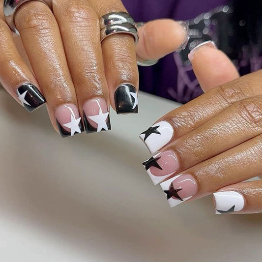 Cosmic Starry Night Press-On Nail Set Medium Square Black and White with Star Designs