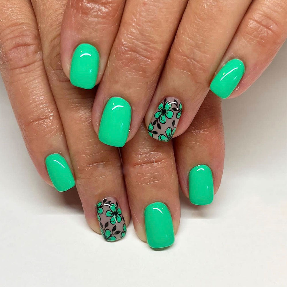 Tropical Paradise Medium Square Mint Green Nail Set with Floral Accent Design