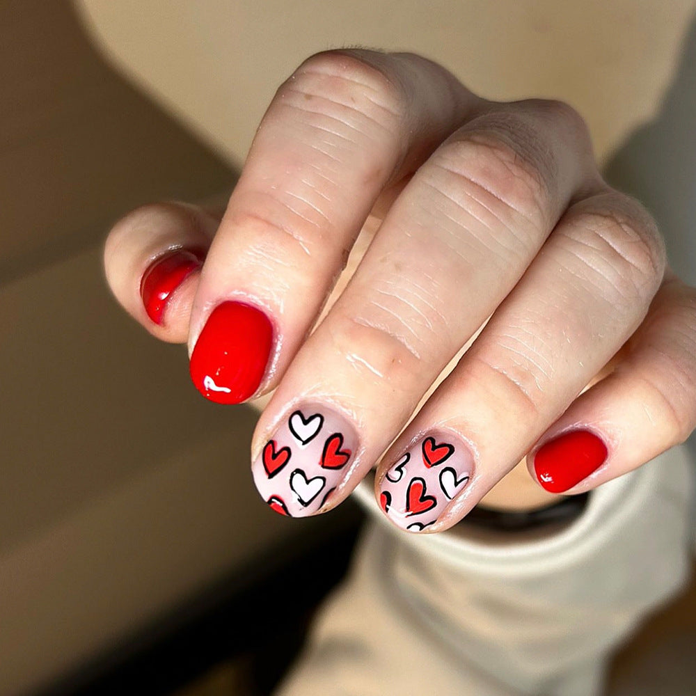 Romantic Red Short Oval Nail Set with Heart Patterns