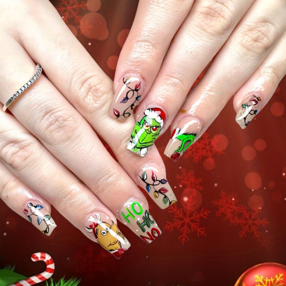Festive Holiday Glamorous Medium Square Green Red and Beige Nail Set with Unique Whimsical Grinch Design