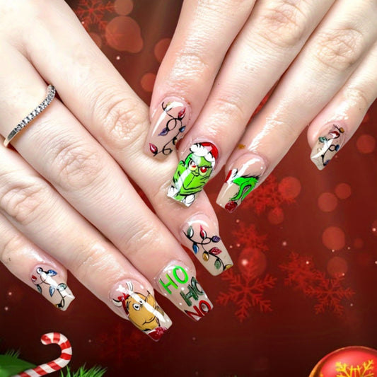 Festive Holiday Glamorous Medium Square Green Red and Beige Nail Set with Unique Whimsical Grinch Design
