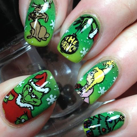 Whimsical Holiday Charm Elegant Medium Square Green Grinch-Inspired Press On Nail Set