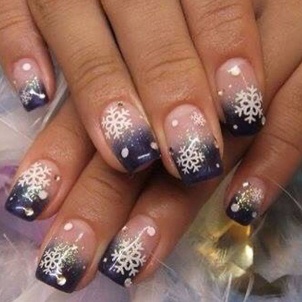 Winter Wonderland Medium Square Press-On Nail Set in Ombre Navy Blue with Elegant Snowflake Design and Glitter Accents