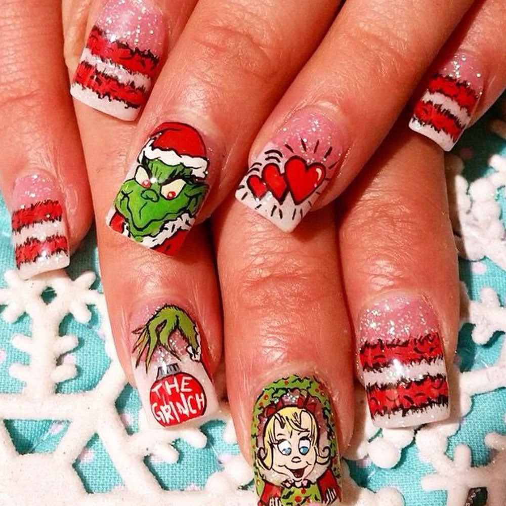 Whimsical Winter Glamour Medium Square Glittery Red and Green Grinch Themed Press On Nail Set