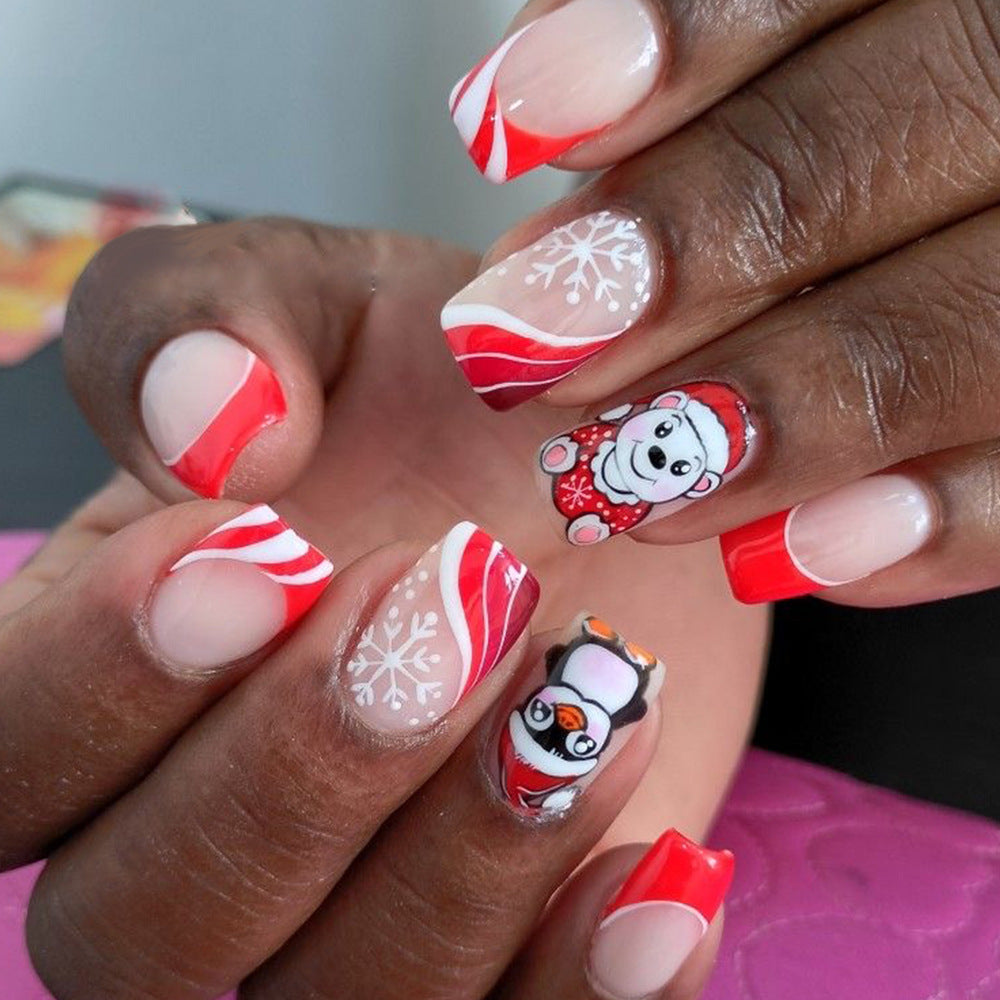 Festive Winter Vibes Medium Square Red and Clear Press On Nail Set with Playful Holiday Animal Designs