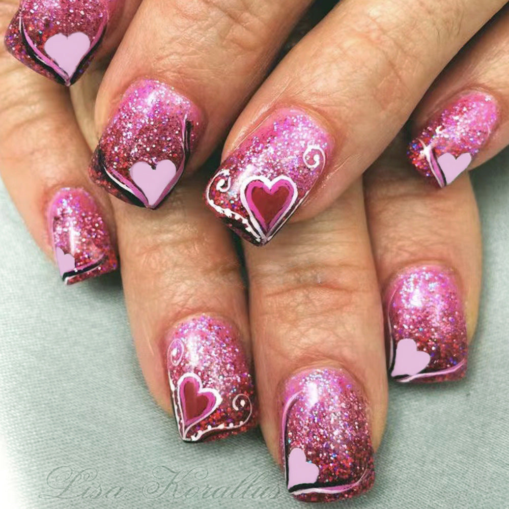 Romantic Heart Sparkle MediumSquare Pink Glitter Press On Nail Set with Unique Heart Designs